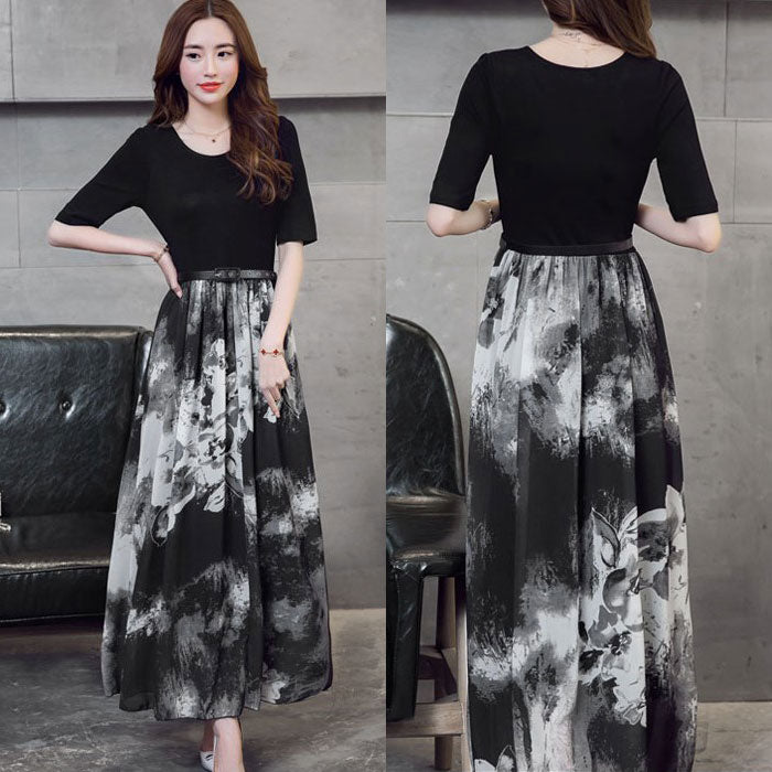 Gaun Wanita Printing Abstrak Lengan Pendek Import