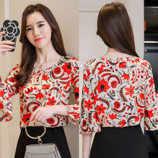 Blouse Wanita Bunga Lengan Terompet Fashion Import