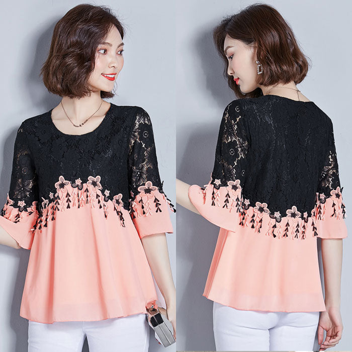 Blouse Wanita Sifon Brokat Hitam Lengan 3/4 Import