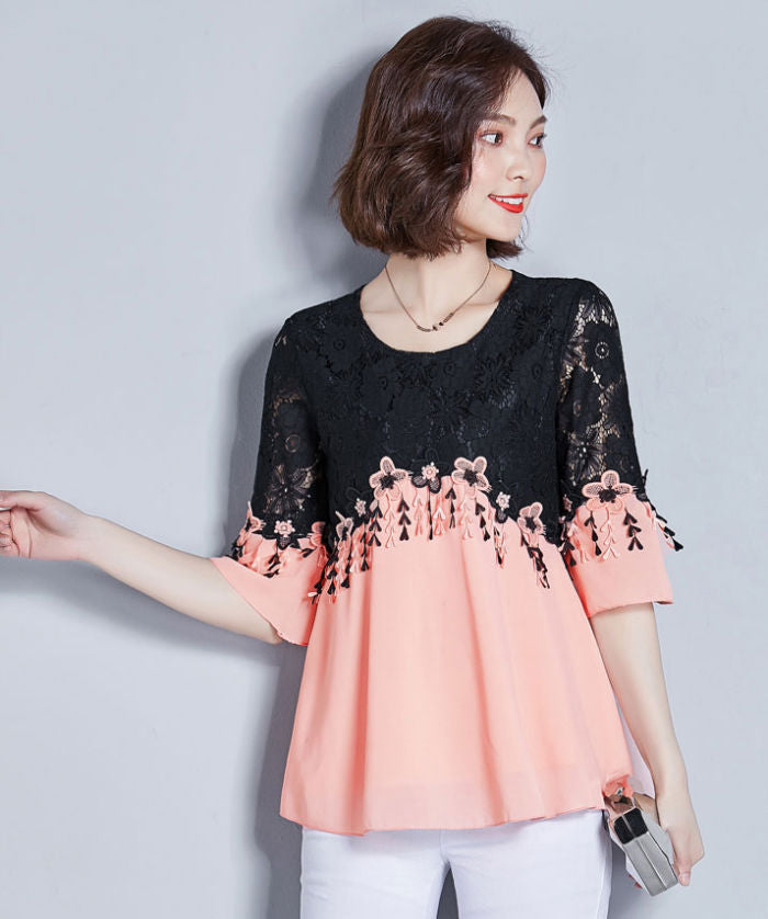 Blouse Wanita Sifon Brokat Hitam Lengan 3/4 Import