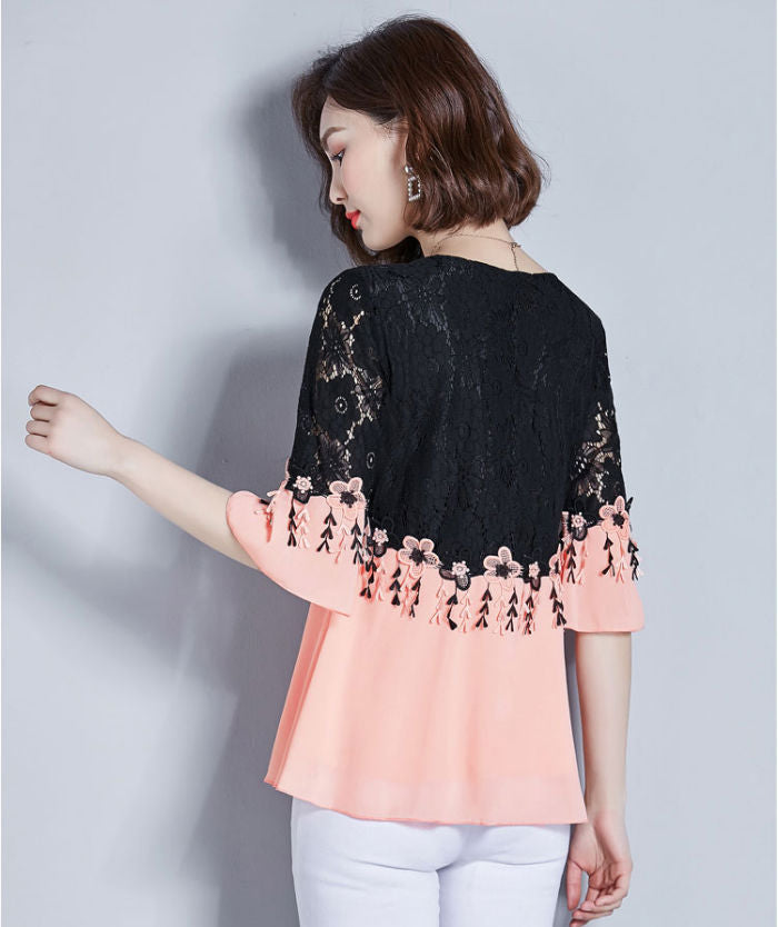 Blouse Wanita Sifon Brokat Hitam Lengan 3/4 Import