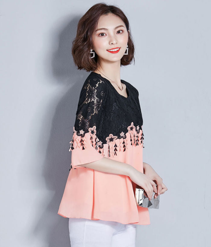 Blouse Wanita Sifon Brokat Hitam Lengan 3/4 Import