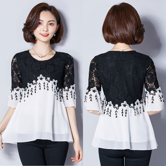 Blouse Wanita Sifon Brokat Hitam Lengan 3/4 Import