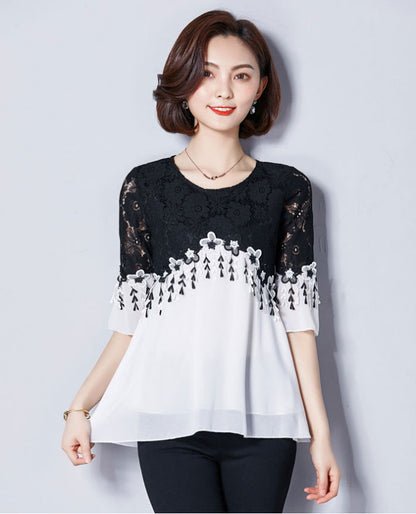 Blouse Wanita Sifon Brokat Hitam Lengan 3/4 Import