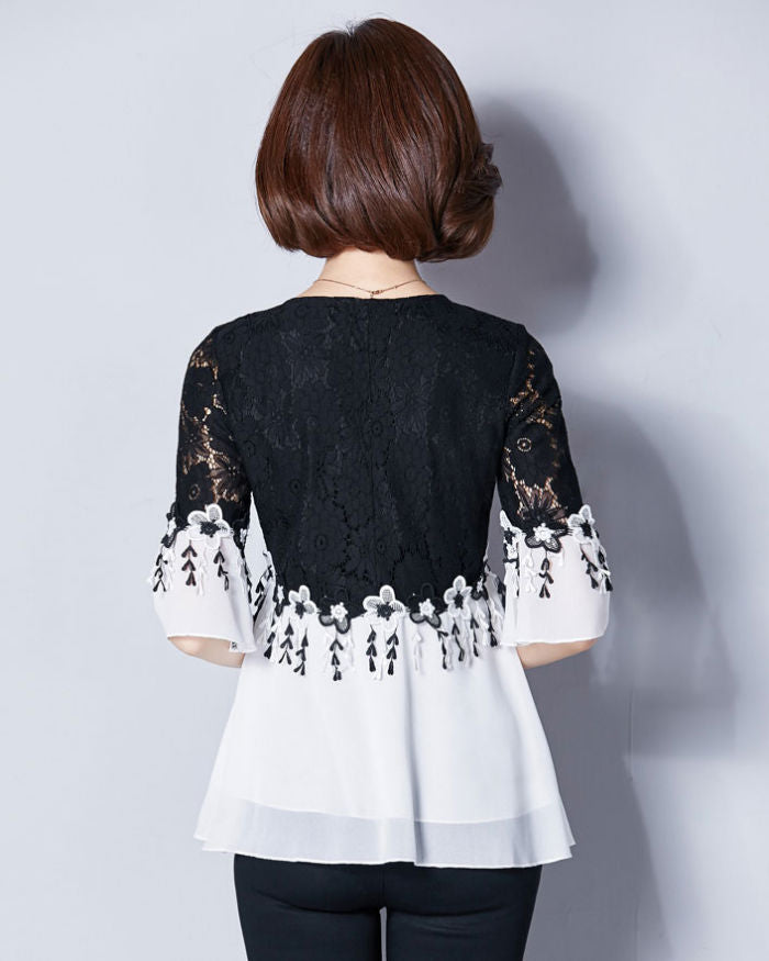 Blouse Wanita Sifon Brokat Hitam Lengan 3/4 Import