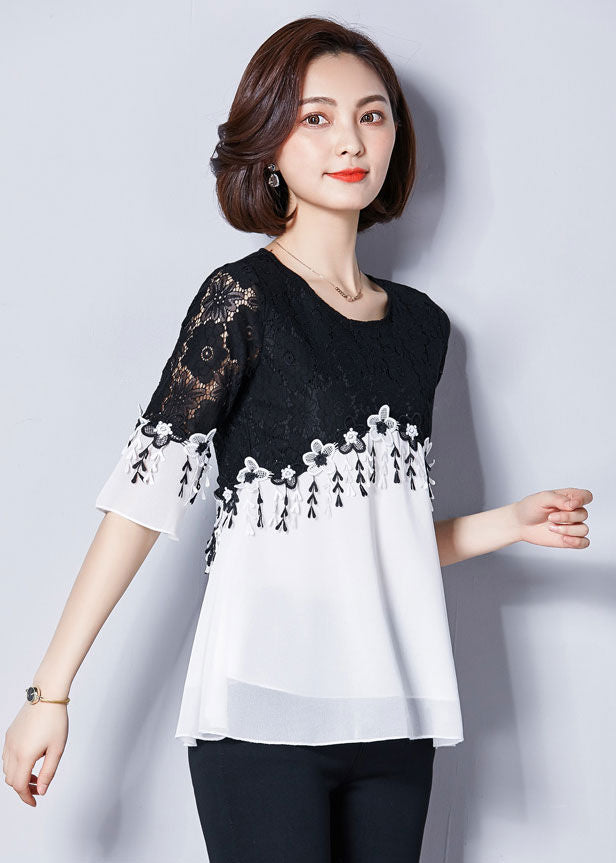 Blouse Wanita Sifon Brokat Hitam Lengan 3/4 Import