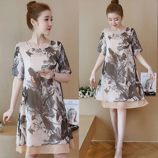 Dress Wanita Printing Burung Lengan Pendek Import