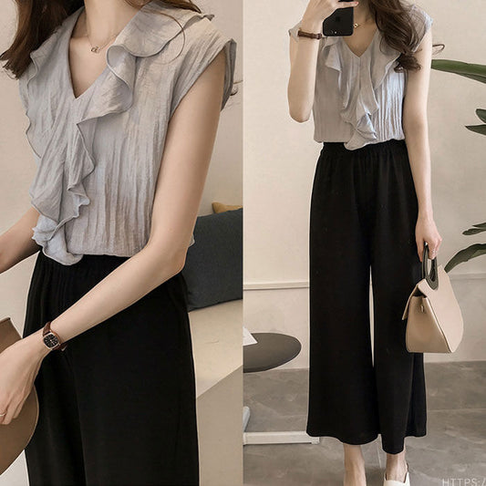 Blouse Leher V Frill Simple Elegan Import