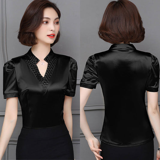 Blouse Diamond Leher V Lengan Pendek Formal Elegan
