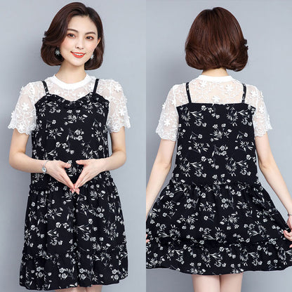 Dress Sifon Hitam Bunga Brokat Putih Cantik Fashion Korea