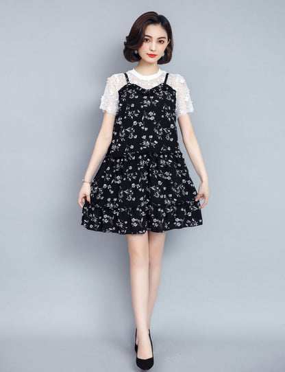 Dress Sifon Hitam Bunga Brokat Putih Cantik Fashion Korea