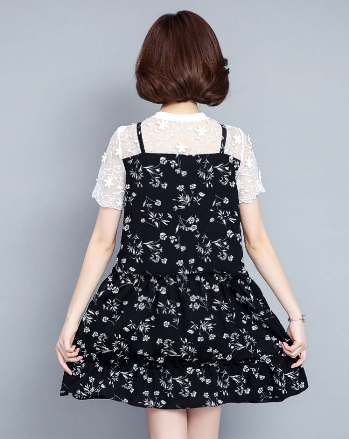 Dress Sifon Hitam Bunga Brokat Putih Cantik Fashion Korea