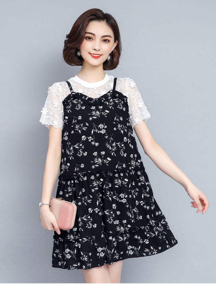 Dress Sifon Hitam Bunga Brokat Putih Cantik Fashion Korea