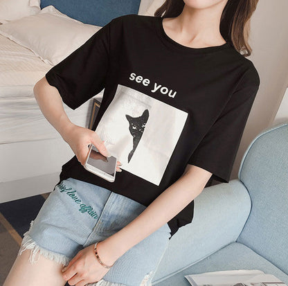 Kaos Katun Printing Kucing See You Casual Import