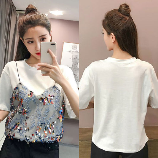 Kaos Bordir Manik Lengan Pendek Fashion Korea