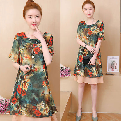 Gaun Wanita Printing Bunga Lengan Pendek Layer Fashion Korea