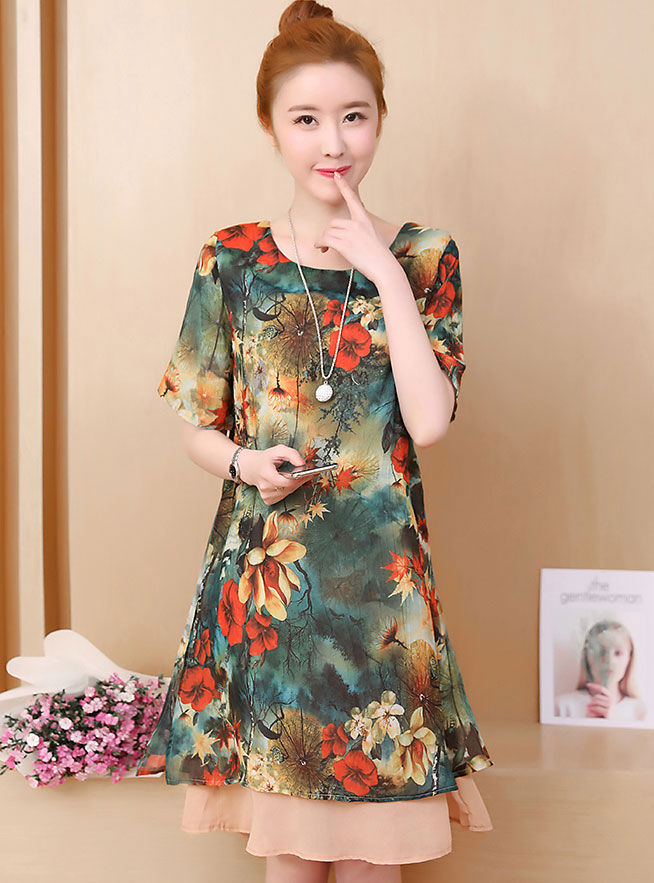 Gaun Wanita Printing Bunga Lengan Pendek Layer Fashion Korea