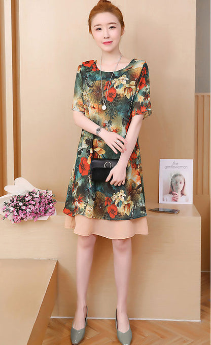 Gaun Wanita Printing Bunga Lengan Pendek Layer Fashion Korea