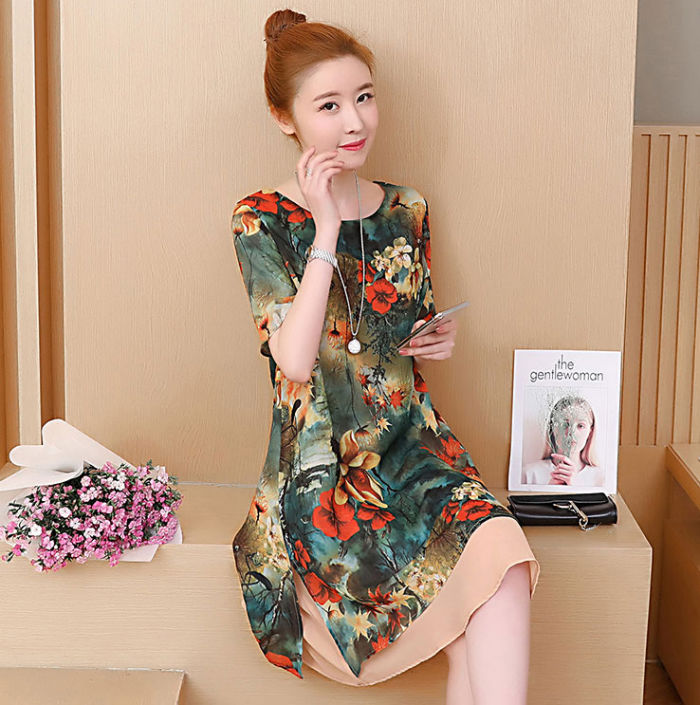 Gaun Wanita Printing Bunga Lengan Pendek Layer Fashion Korea