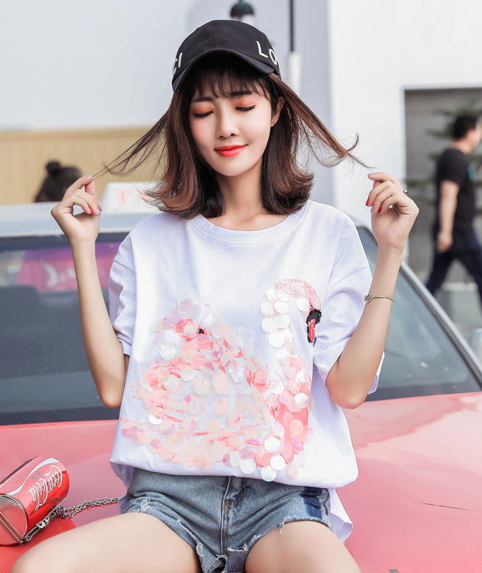 Kaos Wanita Gambar Angsa Sequins Import