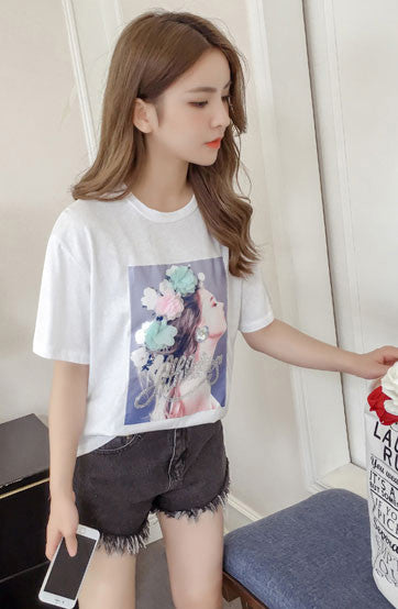 Kaos Wanita Printing Bunga 3D Import