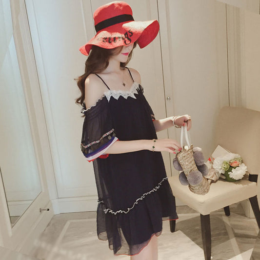 Dress Wanita Sabrina Biru Dongker Tali Kecil Cantik