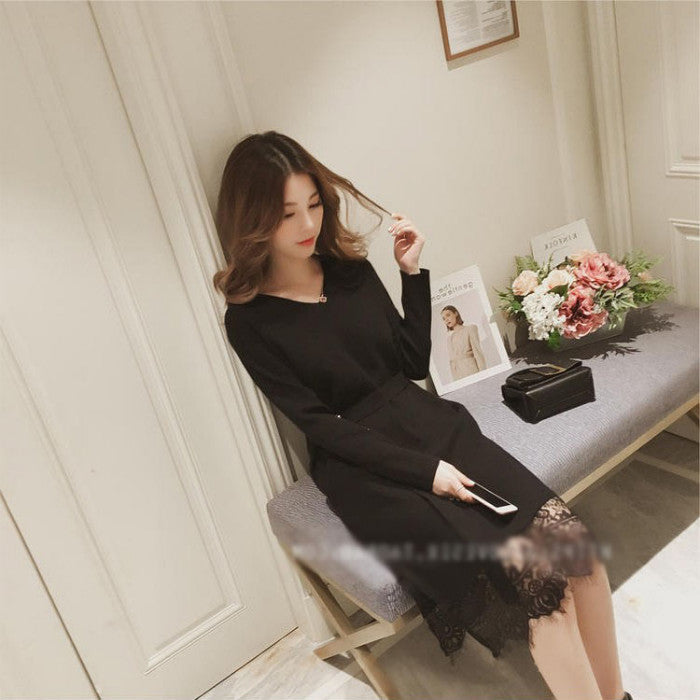 Gaun Wanita Rajut V Neck Lengan Panjang