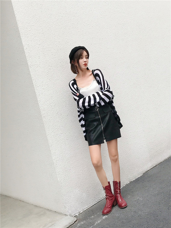 Cardigan Rajut Wanita Putih Garis Garis Fashion