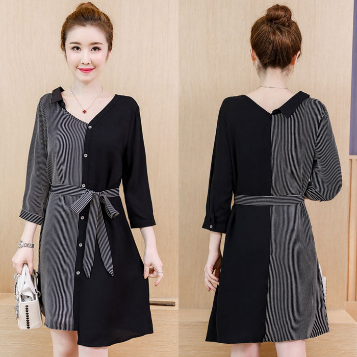 Dress Asimetris Bergaris V Neck Style Korea