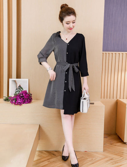 Dress Asimetris Bergaris V Neck Style Korea