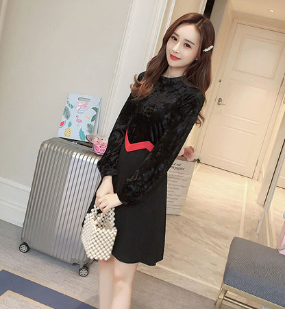 Gaun Wanita Bludru Lengan Panjang Fashion Korea