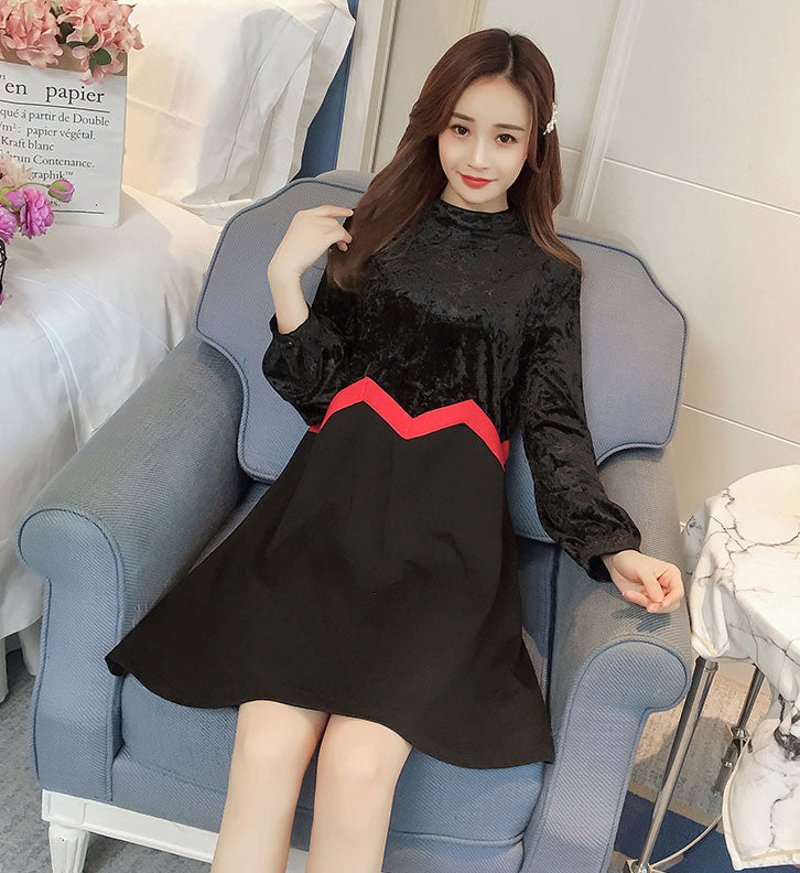 Gaun Wanita Bludru Lengan Panjang Fashion Korea