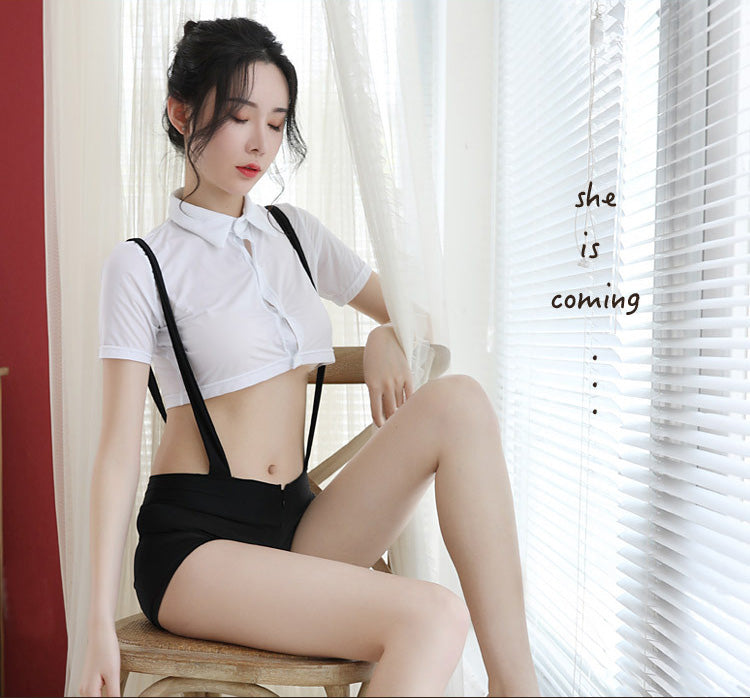 Lingerie Costume Secretary Two Pieces Dual Tones Suspender Pants