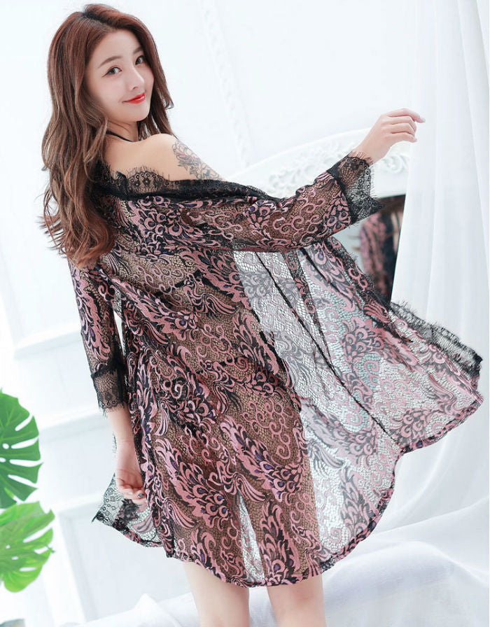 Lingerie Robe Long and Camisole Flower Pattern