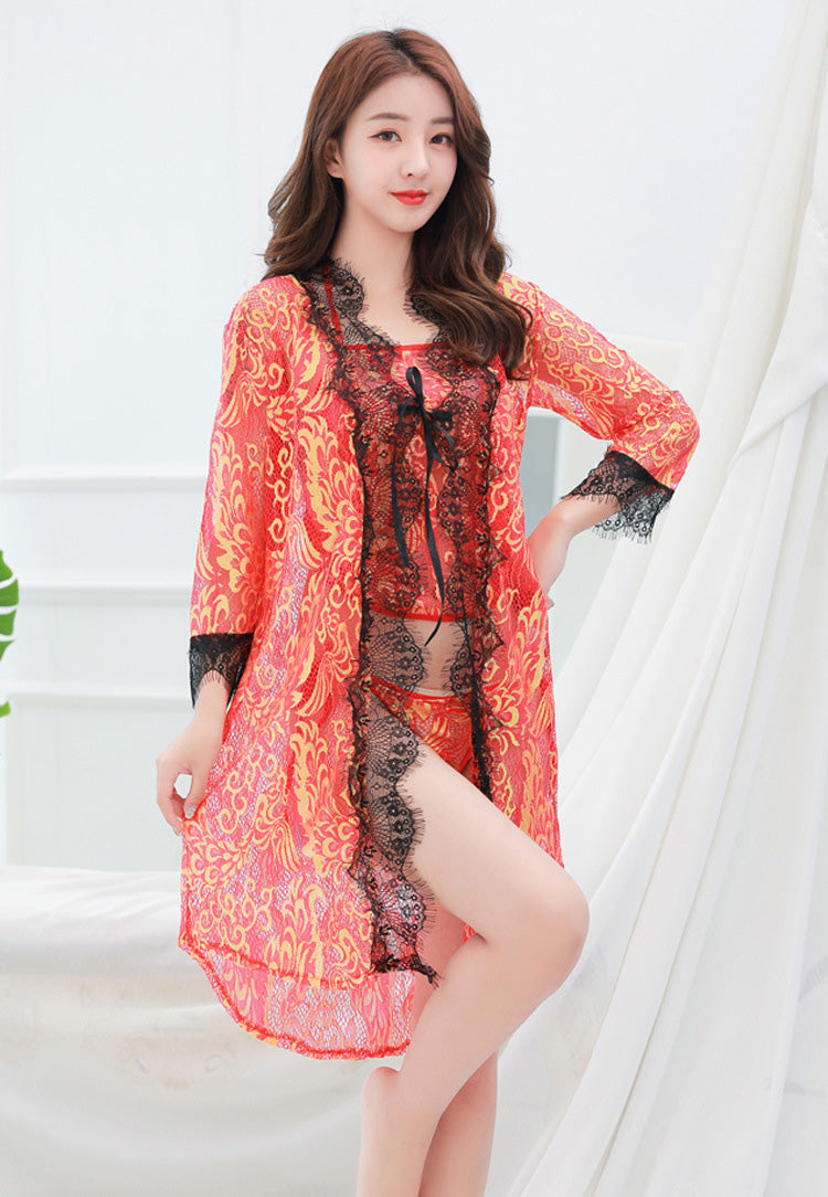 Lingerie Robe Long and Camisole Flower Pattern CU8326