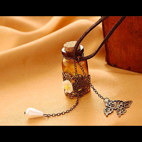 Vintage Flower Butterfly Necklace with Wishing Bottle