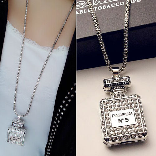 Diamond Perfume Bottle No 5 Pendant Long Necklace