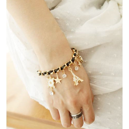 Leather Ace Star Eiffel Flower Bracelet