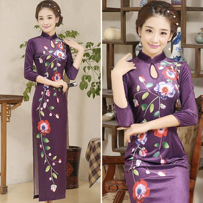 Dress Flower Embroidery Velvet Half Sleeved Long Cheongsam