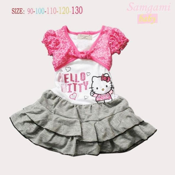 Girl Dress Hello Kitty Short Sleeved Fake Two Piece