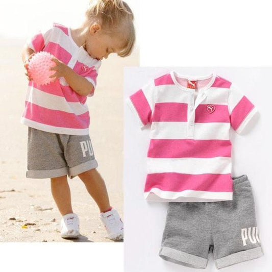 Girl Set Pink Stripe T-Shirt and Gray Pants