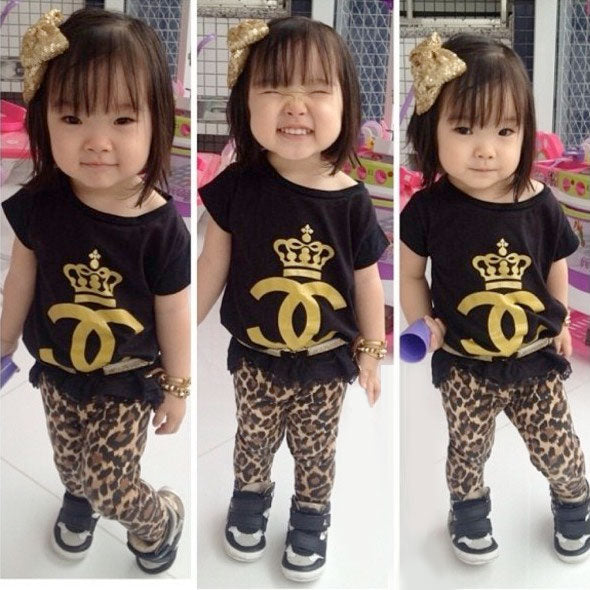 Girl Black Chanel Crown T-Shirt with Leopard Pants