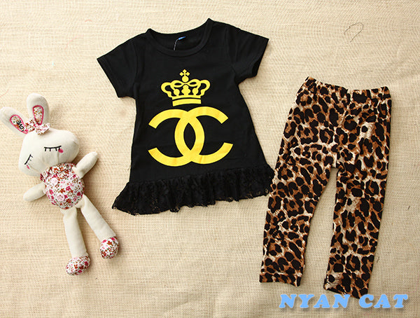 Girl Black Chanel Crown T-Shirt with Leopard Pants