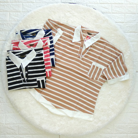 Blouse Striped Half Sleeved Collar Pocket