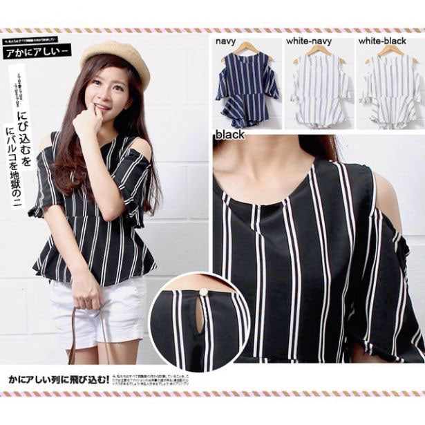 Blouse Striped Short Sleeved Dew Shoulder