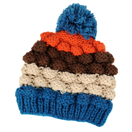 Blue Retro Pom Pom Knitting Hat