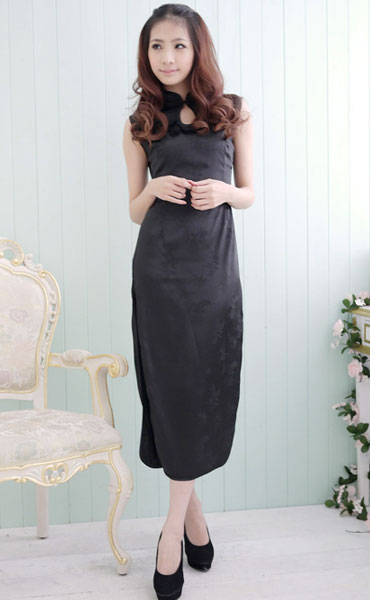 Sleeveless High Necked Drop Collar Long Cheongsam