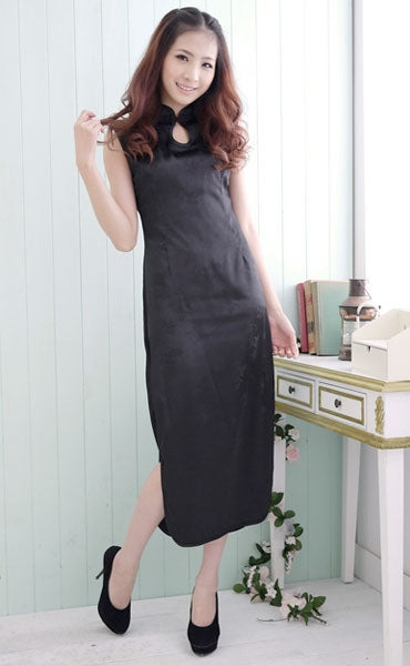 Sleeveless High Necked Drop Collar Long Cheongsam