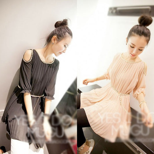 Dress Pesta Wanita Pleated Hollow Shoulder Elegant