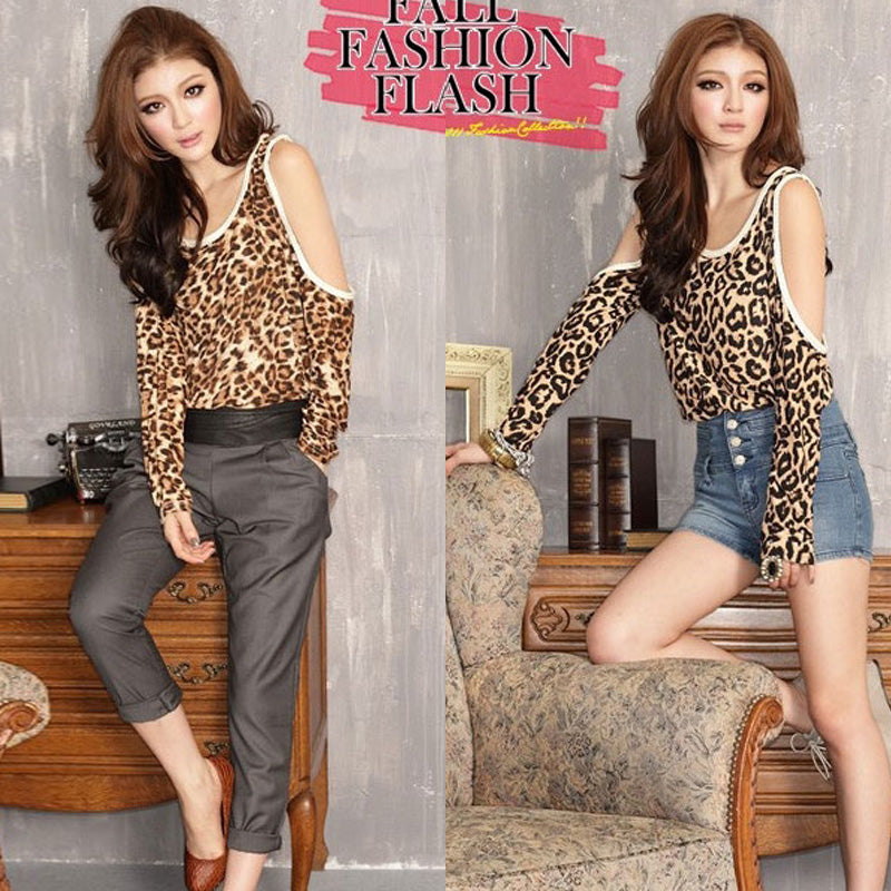 Atasan Wanita Motif Leopard Lengan Panjang Bahu Terbuka